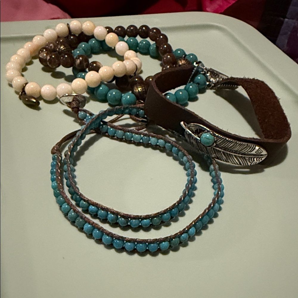Turquoise and Brown Beaded Bracelet Set (five bracelet set)